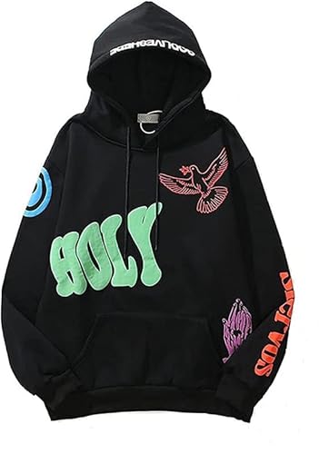 SZRXKJ Herren Kapuzen Langarm Buchstaben Kanye Lucky Me I See Ghost Print Farbe Patchwork Pullover Hoodies(M,Schwarz1) von SZRXKJ