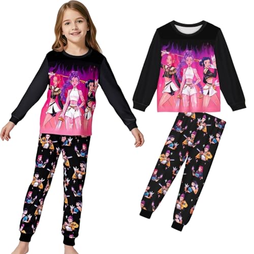 SZRXKJ Kinder Demon pop Hunters Schlafanzug Zweiteiliges Anime Drucken Hose und Langram Oberteile Hausanzug Modisch Nachtwäsche Pyjama Set (DE/NL/SE/PL, Numerisch, 130, 10 Jahre, Regular, Schwarz) von SZRXKJ