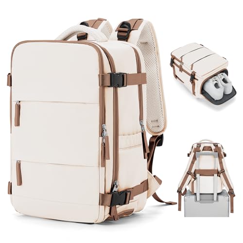 SZSYCN Handgepäck Rucksack 40x20x25 Ryanair Reiserucksack Damen Handgepäck flugzeug Easyjet mit Laptopfach Wasserdichter Tagesrucksack mit Schuhfach, Beigebraun von SZSYCN