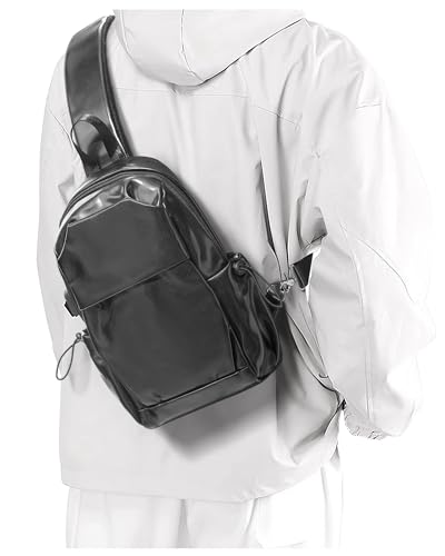 SZSYCN Schultertasche Herren Wasserdichte Brusttasche Crossbody bag mit USB-Ladeanschluss Anti-Diebstahl Sling Bag Herren Klein für Arbeit Reisen Radfahren Wandern Schwarzes Leder von SZSYCN