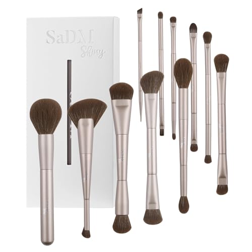 Doppelseitiges Make up Pinsel Set 11-teilig – Schminkpinsel für Foundation, Puder, Concealer, Highlighter, Contour, Lidschatten & Rouge – Synthetische Borsten von SaDM Shiny