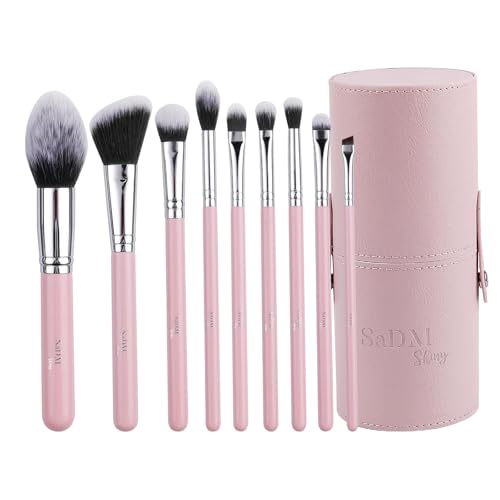 Make up Pinsel Set 9-teilig – Schminkpinsel für Foundation, Puder, Concealer, Highlighter, Contour, Lidschatten & Rouge – Mit Lederetui – Synthetische Borsten von SaDM Shiny