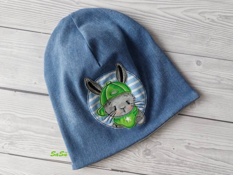 Long Beanie Ku 42-45 Mütze Longbeanie Kinder Baby Stickerei Handmade Unikat Bestickt Unisex Hase Jeanslook von SaSueShop