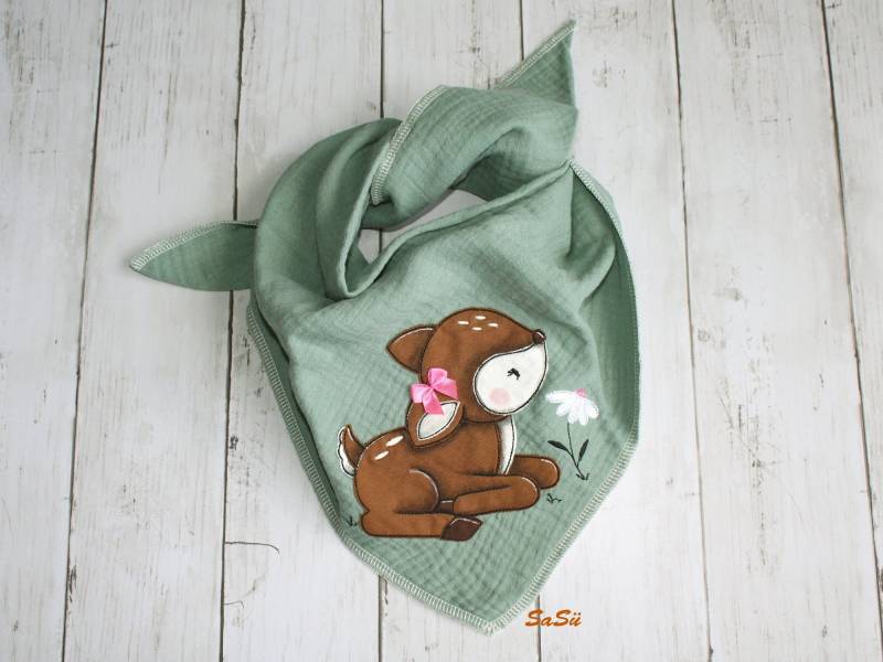 Musselin Tuch Halstuch Bestickt Unikat Mit Stickerei Musselinhalstuch Musselintuch Reh Blume Handmade Neu Kinder Mädchen Dusty Mint von SaSueShop