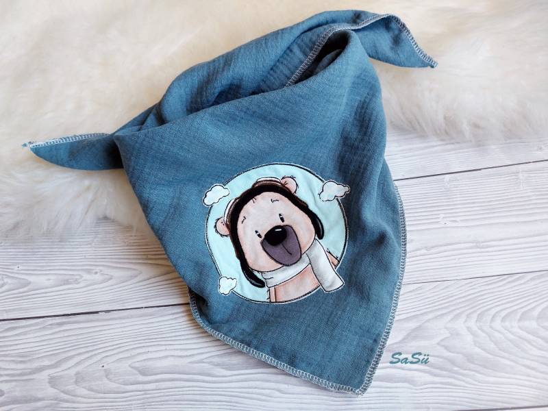Musselintuch Kinder Halstuch Bestickt Pilot Bär Dreieckstuch Unikat Mit Stickerei Auto Jungen Musselinhalstuch Handmade Neu von SaSueShop
