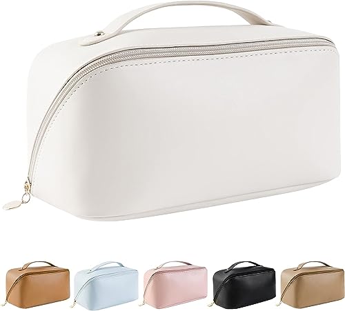 SaYoc Reise-Kosmetiktasche mit großem Fassungsvermögen, tragbar, wasserdicht, PU-Leder, Make-up-Tasche, flache Kosmetiktasche, Make-up-Organizer mit Griff und Trennwand, Snowy von SaYoc