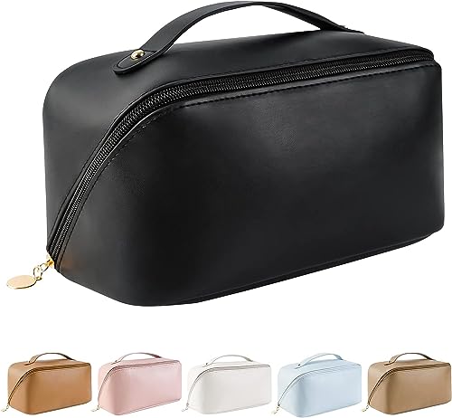 SaYoc Reise-Kosmetiktasche mit großem Fassungsvermögen, tragbar, wasserdicht, PU-Leder, Make-up-Tasche, flache Kosmetiktasche, Make-up-Organizer mit Griff und Trennwand, dunkel von SaYoc