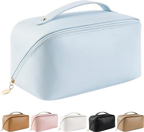 SaYoc Reise-Kosmetiktasche mit großem Fassungsvermögen, tragbar, wasserdicht, PU-Leder, Make-up-Tasche, flache Kosmetiktasche, Make-up-Organizer mit Griff und Trennwand, hellblau von SaYoc