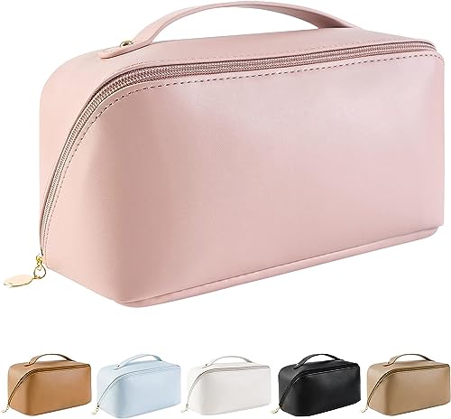 SaYoc Reise-Kosmetiktasche mit großem Fassungsvermögen, tragbar, wasserdicht, PU-Leder, Make-up-Tasche, flache Kosmetiktasche, Make-up-Organizer mit Griff und Trennwand, rose von SaYoc