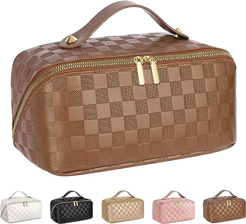 SaYoc Reise-Kosmetiktasche mit großer Kapazität – tragbare Make-up-Taschen für Frauen, Reise-Kulturbeutel, wasserdicht, Leder, kariert, Make-up-Tasche, Kosmetiktasche für Frauen, braun von SaYoc