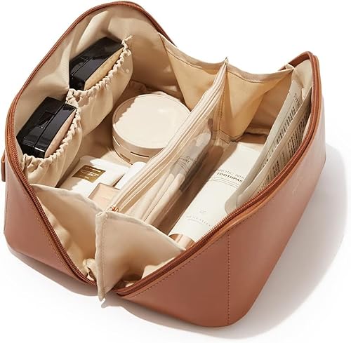 SaYoc Reise-Make-up-Tasche, große Kapazität, Kosmetiktasche für Damen, wasserdicht, tragbar, offen, flach, Kulturbeutel, Make-up-Organizer mit Trennwand und Griff, braun, M von SaYoc