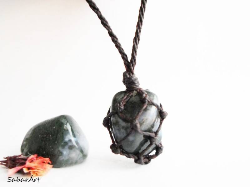 Moosachat Makramee Anhänger Halskette Heilstein Schmuck Moosachat Makramee Anhänger Halskette Heilstein Schmuck von Sabarart