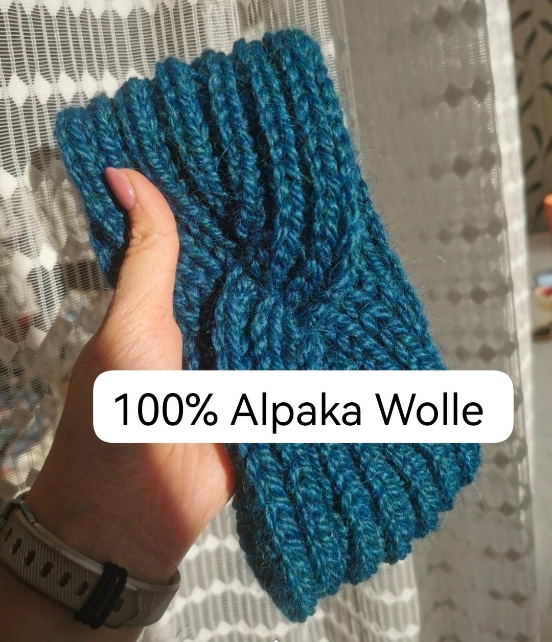 100% Alpaka Stirnband Handgestrickt in Blau Meliert von Sabbarazzi