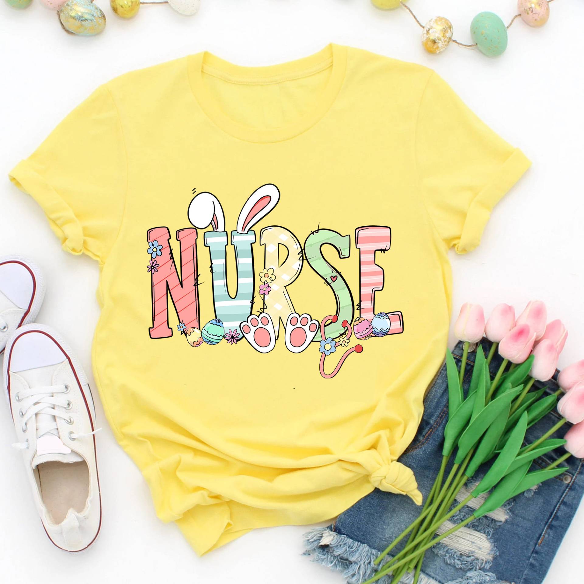 Bunny Krankenschwester Ei Ostern Tag Floral Frauen, Stillschule T-Shirt, Hase Shirt, Crew von Sabinepana
