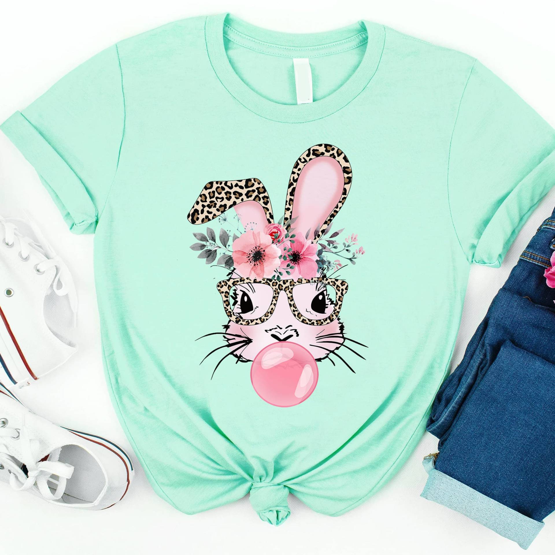 Hase Mit Leoparden Brille Shirt, Ostershirt, Osterhase Grafik T-Shirt, Frauen Osterhase, Bubble Gum Bunny T-Shirt, Ostern Shirt von Sabinepana