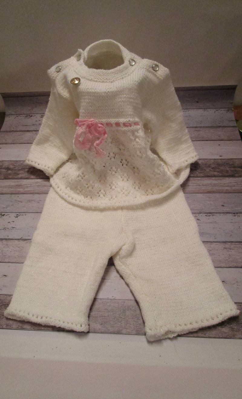 Baby-Set | Hose Und PulloverGr. 74, Handgestrickt, Weiß von SabinesStrickwaren