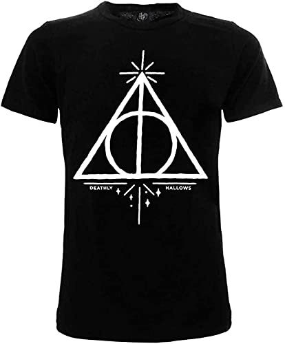 Offizielles T Shirt Harry Potter Logo Geschenke des Todes, Farbe Schwarz mit weißen Details, 100% Baumwolle, kurze Ärmel, Lizenzprodukt, Unisex, Größen für Erwachsene und Kinder., Schwarz , XXL von Sabor srl