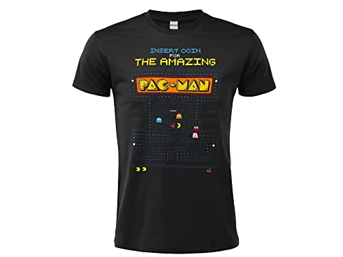 Sabor srl T-Shirt Videospiel Pac-Man Insert Coin mit Aufdruck auf der Vorderseite, 100 % Baumwolle, Unisex, schwarz, Kurzarm, offizielles Lizenzprodukt für Erwachsene und Jungen von Sabor srl