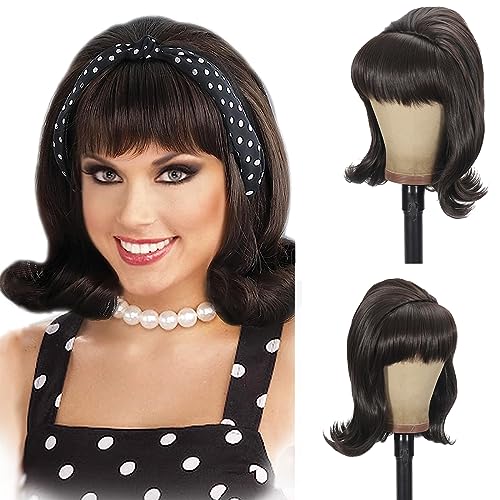 Damen Flip Perücke 70er Jahre Pinup Pelucas 60er Jahre Retro Braun Bienenstock Perücke Vintage Perücke mit Pony für Frauen Kunsthaar für Halloween Kostüm Party von Sabosi
