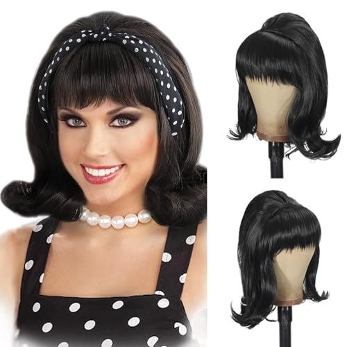 Damen Flip Perücke 70er Jahre Pinup Pelucas 60er Jahre Retro Schwarze Bienenstock Perücke Vintage Perücke mit Pony für Frauen Kunsthaar für Halloween Kostüm Party von Sabosi