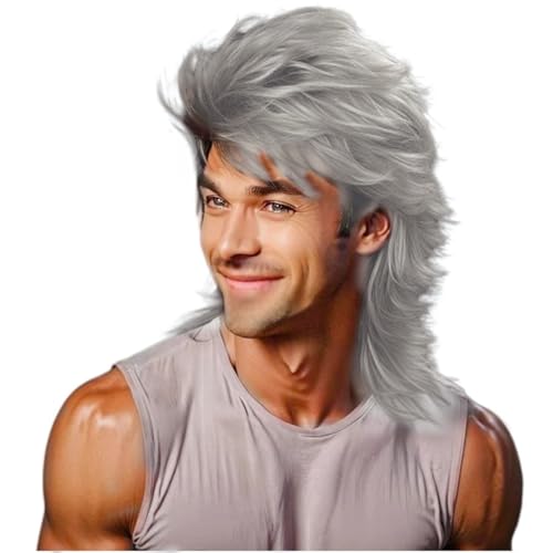 Grau Vokuhila Perücke 80er 70er Jahre Disco Party Männer Perücke Lange Locken Perücken für Männer Hippie Rocking 80er Jahre Them Party Cosplay Kostüm Canival Hitzebeständige Haarperücken von Sabosi