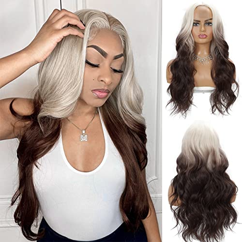Lange Platin Braune Ombre Wellenperücken Für Frauen 26 Zoll Weiße Blonde Perücken Synthetische Lockige Perücken Für Die Tägliche Party Jeden Anlass Lange Platin Braune Ombre Wellenperücken Für Frauen 26 Zoll Weiße Blonde Perücken Synthetische Lockige Perücken Für Die Tägliche Party Jeden Anlass von Sabosi