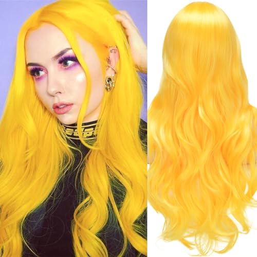 Perücke Gelb Lange wellige Perücken für Frauen, Mittelteil flauschige lockige Perücke, natürlich aussehende synthetische hitzebeständige Faserperücken für die tägliche cosplay Partei Perücke Gelb Lange wellige Perücken für Frauen, Mittelteil flauschige lockige Perücke, natürlich aussehende synthetische hitzebeständige Faserperücken für die tägliche cosplay Partei von Sabosi