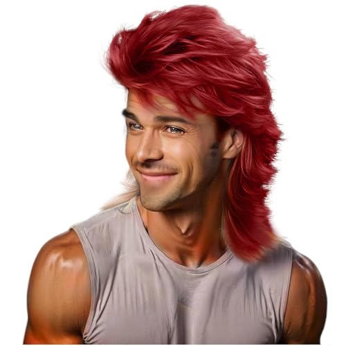 Rot Vokuhila Perücke 80er 70er Jahre Disco Party Männer Perücke Lange Locken Perücken für Männer Hippie Rocking 80er Jahre Them Party Cosplay Kostüm Canival Hitzebeständige Haarperücken von Sabosi