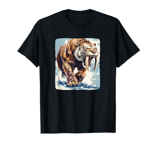 Sabre Toothed Tiger - Großer Säbelzahntiger für Eiszeit- und Schneeliebhaber T-Shirt - Unisex-Erwachsene und Kinder - Schwarz - S - Kurzarm - Klassisch - Tigerprint - Winter, Sommer von Sabre Toothed Tiger
