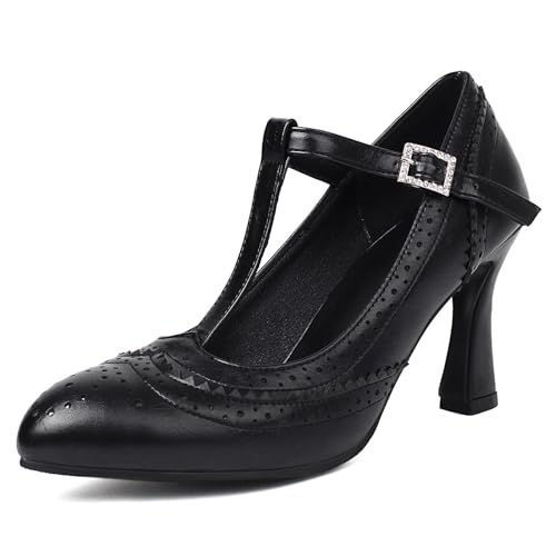 SacciButti Damen Klassisch T-Riemen Oxfords Pumps High Heels Mary Jane Schuhe Vintage Pumps Bequem Arbeit Schuhe Schwarz-T 36 von SacciButti