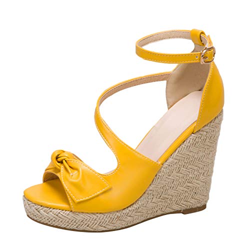 SacciButti Damen Mode Keilabsatz Knöchelriemchen Plateau Sandalen With Bogen Gemütlich Strand Schuhe Mädchen Kleid Party Sandalen Yellow Große 42 Asiatisch von SacciButti