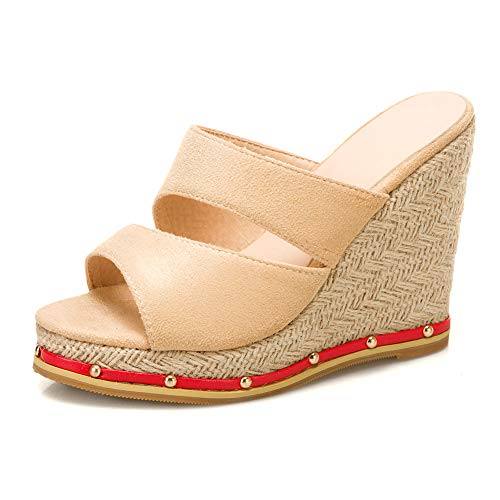 SacciButti Damen Wedge Pantoletten Wildleder Plateau Open Toe sandaletten High Keilabsatzs Ohne Verschluss Sommer Schuhe Beige size 37 Asiatisch von SacciButti