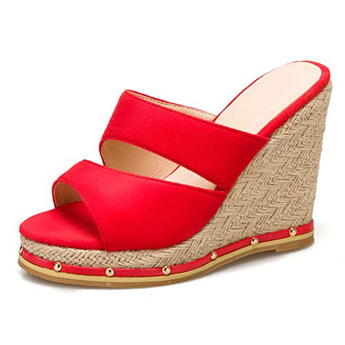 SacciButti Damen Wedge Pantoletten Wildleder Plateau Open Toe sandaletten High Keilabsatzs Ohne Verschluss Sommer Schuhe Red size 38 Asiatisch von SacciButti