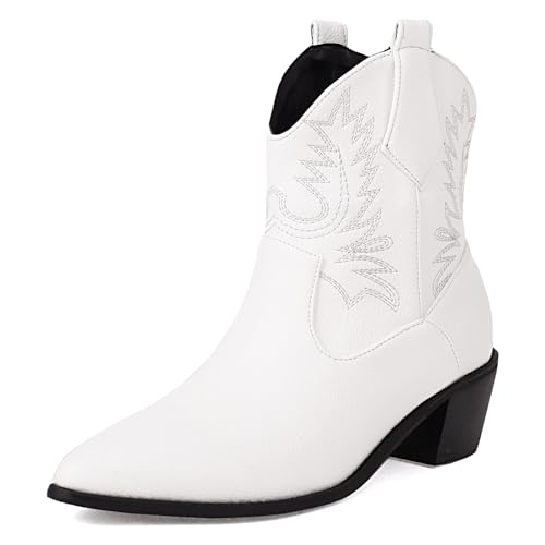 SacciButti Klassische Cowboy Stiefeletten Bestickte Damen Stiefeletten Pointed Toe Western Cowgirl Stiefel Blockabsatz Stiefeletten Pull on Weiß 41 SacciButti Klassische Cowboy Stiefeletten Bestickte Damen Stiefeletten Pointed Toe Western Cowgirl Stiefel Blockabsatz Stiefeletten Pull on Weiß 41 von SacciButti