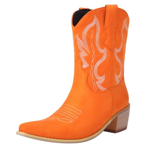 SacciButti Klassische Cowboy Stiefeletten Bestickte Damen Suede Stiefeletten Pointed Toe Western Cowgirl Stiefel Blockabsatz Stiefeletten Pull on Orange 38 SacciButti Klassische Cowboy Stiefeletten Bestickte Damen Suede Stiefeletten Pointed Toe Western Cowgirl Stiefel Blockabsatz Stiefeletten Pull on Orange 38 von SacciButti