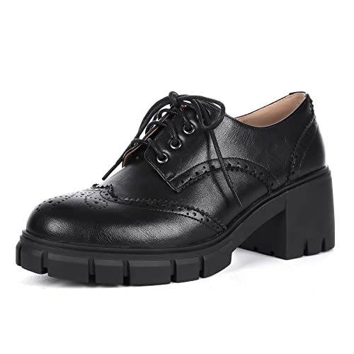 SacciButti Schwarz Oxford Schuhe Damen Plateau Klobiger Absatz Schnürschuhe Business Schuhe Damen Platform Chunky Schulschuhe von SacciButti