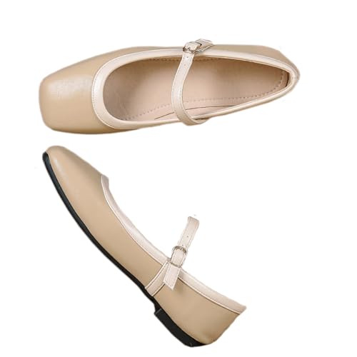 SacciButti Weich Mary Jane Flach für Frauen Patchwork Khaki Ballerina mit Riemen Square Toe Wanderschuhe Flach Abendschuhe Formelle 38 von SacciButti