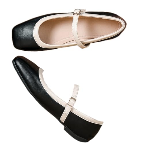 SacciButti Weich Mary Jane Flach für Frauen Patchwork Schwarz Ballerina mit Riemen Square Toe Wanderschuhe Flach Abendschuhe Formelle 39 von SacciButti