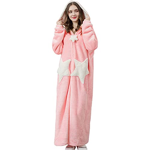 Sacebeleu Bademantel Damen Flanell Rosa Lang Morgenmantel mit Kapuze Reißverschluss Stern Nachtwäsche Flanell Paar Set Hausmantel Herren Weich Hausmantel Pulloverdecke Pyjama Unisex Pink XL von Sacebeleu