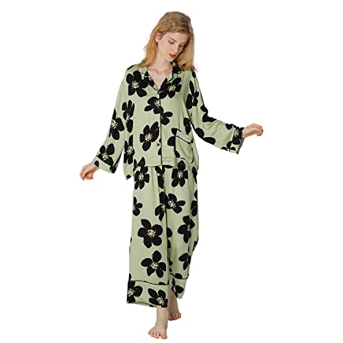 Sacebeleu Damen Zweiteiliger Schlafanzug Lang Pyjama Set Baumwolle Satin Grün Schwarz Blume mit Knopfleiste Langarm Weich Nachtwäsche Hausanzug Loungewear Set Nachthemd Elegant Große XL von Sacebeleu