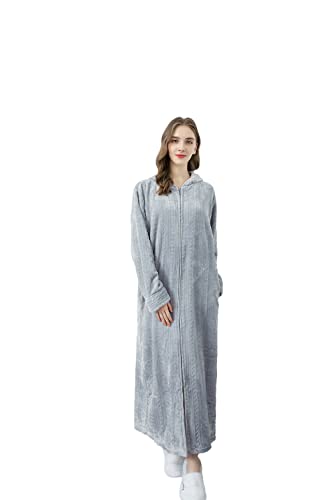 Sacebeleu Herren Bademantel Damen Lang mit Kapuze Reißverschluss Flauschig Flanell Grau Morgenmantel Nachtwäsche Hausmantel Paar Set Weich Hausmantel Pulloverdecke Pyjama Unisex Unifarben L von Sacebeleu