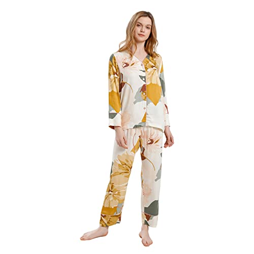 Sacebeleu Schlafanzug Damen Lang Pyjama Set Baumwolle Satin Blume Zweiteiliger mit Knopfleiste Gelb Weiß Langarm Weich Nachtwäsche Hausanzug Loungewear Set Nachthemd Elegant M von Sacebeleu