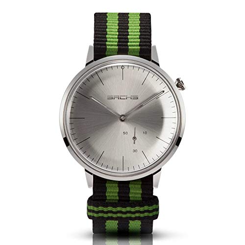 Sachs Damen Herren Armbanduhr Analog Quarz Silber silbernes Zifferblatt Textilarmband Preto verde von Sachs