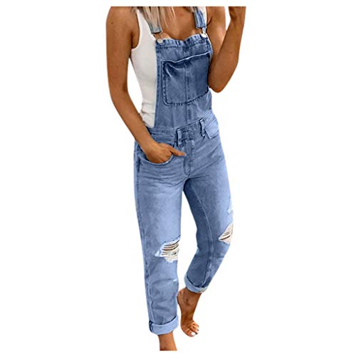 Denim Bib Zerrissene Jeans,Latzhose Damen Jumpsuit mit Retro Overalls Sommer Hose Lange Sommerhose (Hellblau, S) von Saclerpnt