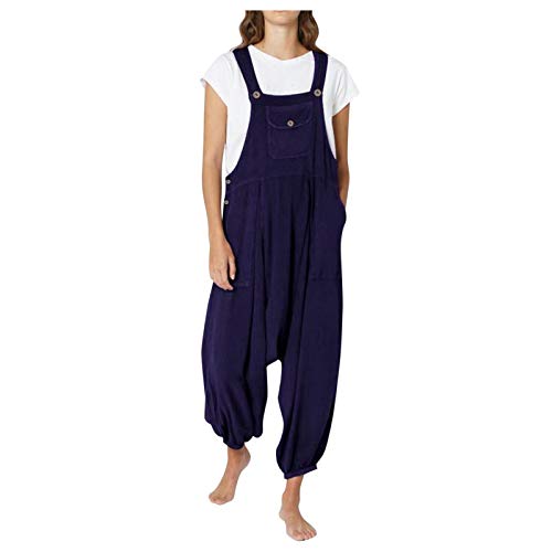 Latzhose Damen Elegant Jumpsuit Mit Tasche Loose Gürtel Jumpsuit Hosenträger mit Knöpfen Overalls geknöpft,Blau,M von Saclerpnt