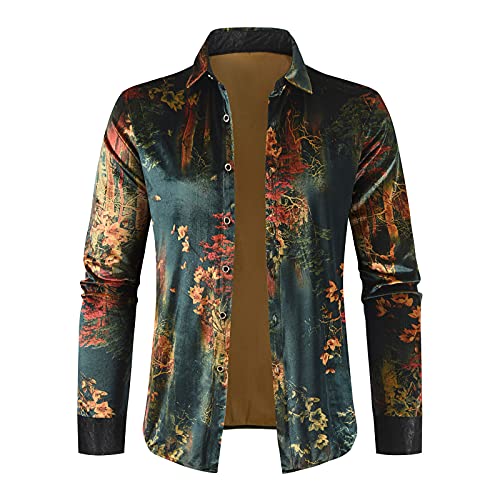 Saclerpnt Bedruckte Hemd Herren Retro Langarmhemd Revers Businesshemd Floral Hemden Gold Samt Freizeithemd(Grün,XL) von Saclerpnt