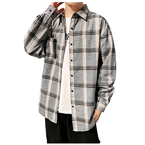 Saclerpnt Herren Kariertes Hemd Revers Langarmhemd Oversize Casual Karohemd Button Down Freizeithemd(Grau,5XL) von Saclerpnt