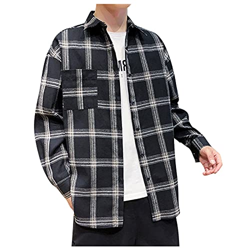 Saclerpnt Herren Kariertes Hemd Revers Langarmhemd Oversize Casual Karohemd Button Down Freizeithemd(Schwarz,5XL) von Saclerpnt