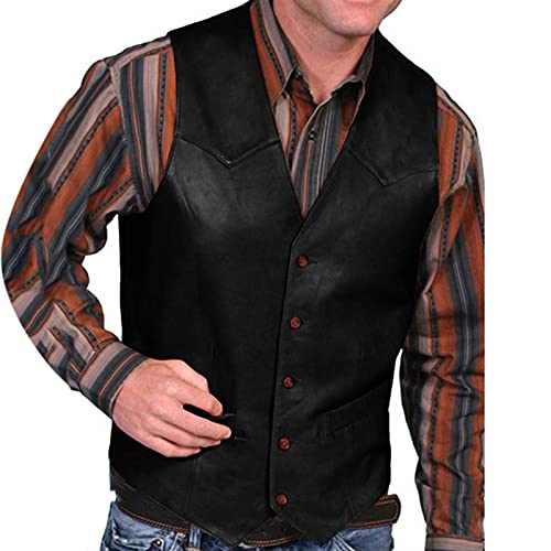 Saclerpnt Herren Leder Weste Vintage Einfarbige Lederweste Retro V-Ausschnitt Freizeitweste: Größen M bis 4XL(Schwarz,XL) von Saclerpnt