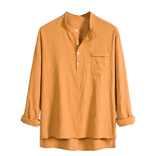 Saclerpnt Herren Leinenhemd Fashion Freizeithemd Solide Farbe Hemden Brusttasche Stehkragen Langarm Shirt(Orange,L) von Saclerpnt